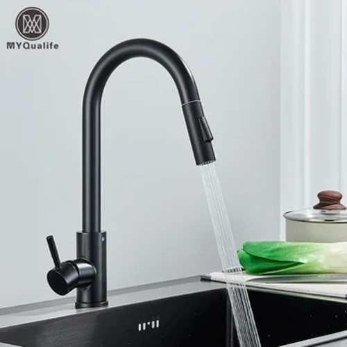 Robinet de cuisine noir à deux fonctions, mitigeur extractible à poignée unique, robinets d'eau chaude et froide montés sur le pont