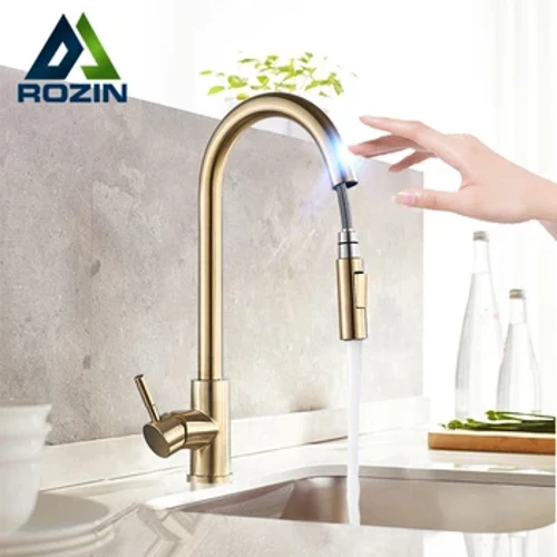 Rozin Smart Touch Kitchen Faucet Brushed Gold Pull Out Sensor Faucets Itim/Nikel 360 Rotation Crane 2 Outlet Water Mixer Taps