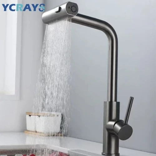 YCRAYS robinete de bucătărie neagră gri cu extragere rotație cascadă jet pulverizator baterie chiuvetă nichel periat accesoriu pentru robinet