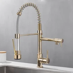 Kuningan Hitam dan Emas Menarik Kran Wastafel Dapur Dual Outlet Air Dingin Panas Wastafel Keran Deck Mounted Spring Mixer Taps
