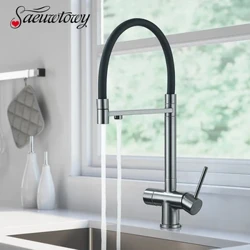 Pured Water Kitchen Faucet Dual Handle Deck Mounted Taps Na-filter na Tubig Mixer Tap 360 Paikutin Pull Down Flexible Pipe Mixer