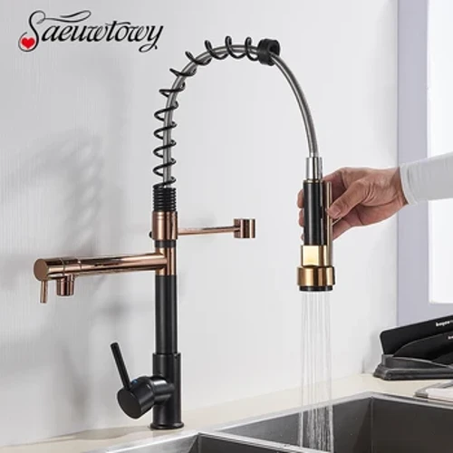 Torneira luxuosa preta e rosa dourada com mola, torneira suspensa para cozinha, água quente e fria, com torneira montada no deck, rotação 360 ° de latão