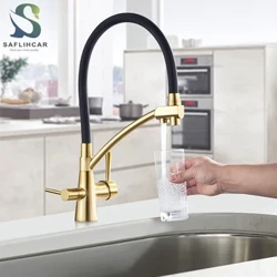 Fırçalanmış Altın Mutfak lavabo musluğu Saf Su Musluk Aşağı Çekilir Mutfak Musluk 360 Rotasyon Mikser Sıcak Soğuk Arıtma musluk