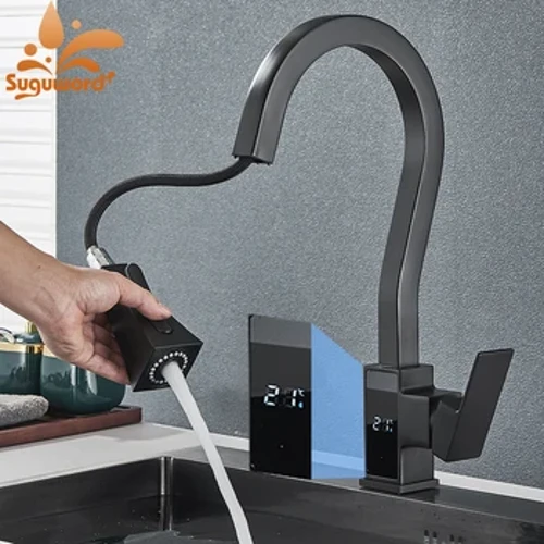 Taispeántas Digiteach Cliste Tarraingt Amach Faucet Cistine Ilmhúnlaí Spout Tap Deic Mount Handle Single Fuar Meascthóir Uisce Te Craein Níocháin