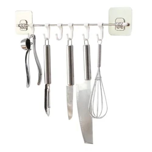 Batang Gantung Dinding Stainless Steel 6 Hook Self-adhesive Rak Dinding Kamar Mandi Rak Dapur Penyimpanan Gratis Punching lan Nyedhot Kuat