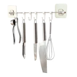 Batang Gantung Dinding Stainless Steel 6 Hook Self-adhesive Rak Dinding Kamar Mandi Rak Dapur Penyimpanan Gratis Punching lan Nyedhot Kuat
