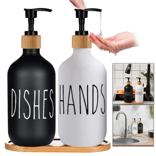 Set Dispenser Sabun Piring Ireng kanggo Dapur Sink Tangan Sabun lan Piring Botol Penyimpanan Deterjen Botol Isi Ulang