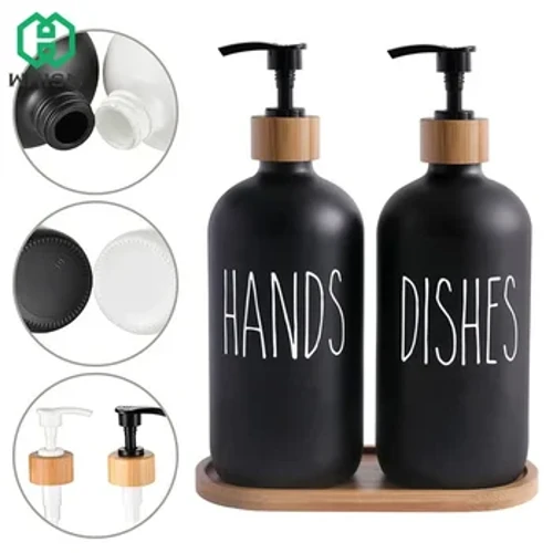 Set Dosbarthwr Sebon Dysgl Ddu 500ml gyda Dosbarthwr Sebon Hylif Ail-lenwi Pwmp Bambŵ ar gyfer Addurn Ffermdy