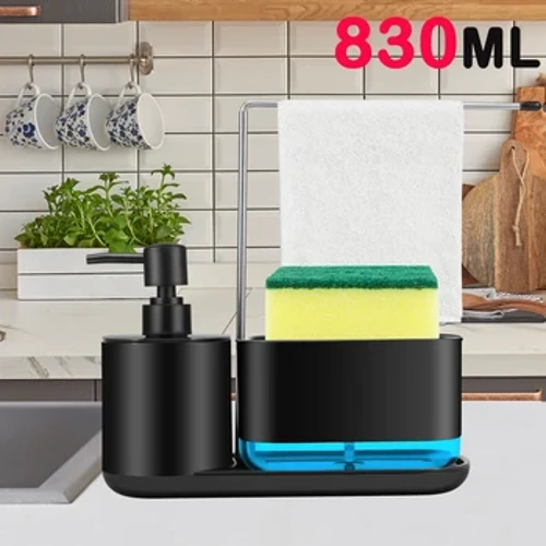 Dish Soap Dispenser 830 ML Multifunctional Press Soap Dispenser with Towel Holder&Soap Tray for Kitchen Sink Countertop Organize