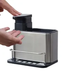 Organizator chiuvetă din oțel inoxidabil Distribuitor de săpun de bucătărie 3 în 1 Suport pentru burete Tavă dozator de săpun vase Suport de scurgere rezistent la rugină