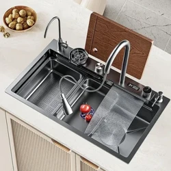 Tampilan Digital Waterfall Sink Multifunctional Stainless Steel Gedhe Single Slot Kitchen Aksesoris Gourmet Faucet Kitchen