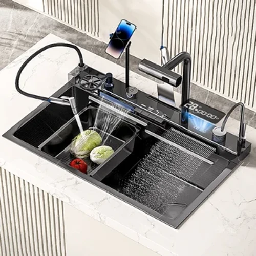 Lavello da cucina a cascata in acciaio inossidabile a nido d'ape resistente ai graffi, scarico destro, lavabo, ampio supporto per smartphone a slot singolo