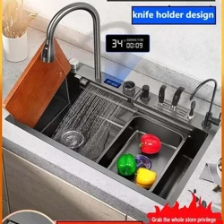 2023 304 Stainless Steel Kitchen Sink Tampilan Digital Besar Tunggal Wastafel Piring Baskom Wastafel dengan Multifungsi Sentuh Air Terjun