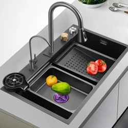 Schwaarz Grey Nano Kichen Spull Grouss Multiple Gréisst Waschbecken Waasserfall Single Schossel Topmount Undermount Kichen Spull Krunn Drain