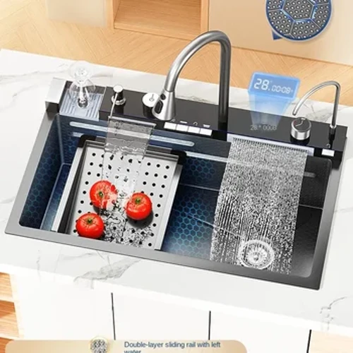 Wasserfall-Küchenspüle aus Edelstahl 304, großes Einzelfach, integriertes Digitaldisplay, Wasserhahn-Set, Seifenspender, Becherspüler