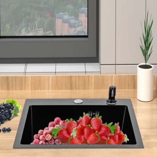 40*45 cm virtuves izlietne, zem montāžas, nolaižama viena bļoda, ielikts grozs ar drenāžu un ziepju dozatoru, nerūsējošais tērauds, melns