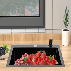 40*45cm Kichen Spull ënnermontéiert Drop-in Single Bowl Inset Basket w/Drainer & Seifendispenser Edelstol Black