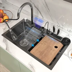 Stainless Steel Kitchen Waterfall Sink Tampilan Digital Gedhe Single Sink Dish Basin Sink Kanthi Multifungsi Tutul Waterfall