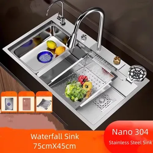 Nano 304 roestvrijstalen spoelbak Waterval Grote spoelbak met enkele sleuf Groentegootsteen Roestvrijstalen spoelbak Huishoudelijke spoelbak