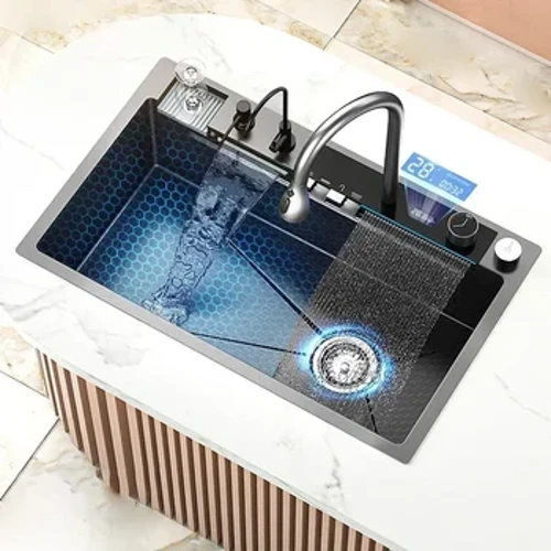 Ikhishi le-Stainless Steel Waterfall Sink, Isikhala Esikhulu Esisodwa, Isethi yeFaucet yokubonisa iDijithali, Isitsha sokugezela esisebenza ngezinto eziningi, Iphuli yokuwasha