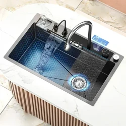 Uamea u'amea Waterfall Kitchen Sink, Slot Ta'itasi Tele, Seti Faucet Fa'aaliga Fa'aigoa, Fa'amau Ta'ele'ele'ele, Vaita'ele