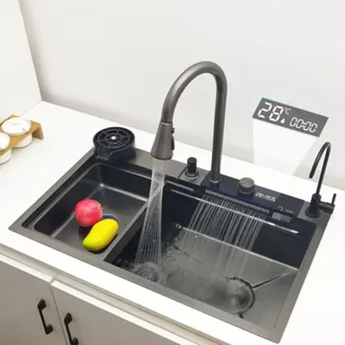 Waterfall Kitchen Sink 304 Stainless Steel Sink Malaking Single basin na may Multifunction LED Waterfall Faucet sa Itaas ng Counter