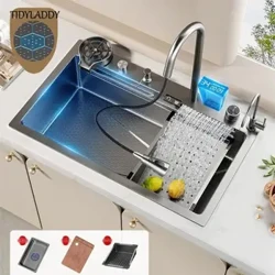 Stainless Steel Waterfall Kitchen Sink Embossed Honeycomb Multifungsi Tampilan Digital Gedhe Single Slot Aksesoris Kitchen