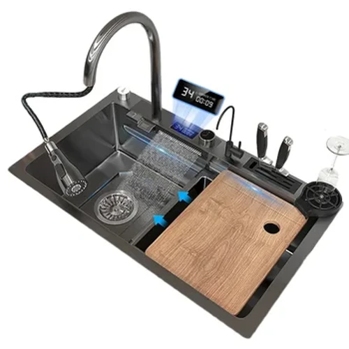 Lénks Drainage Kichen Spull Single Schossel Kichen Spull Flying Reen Digital Display Waasserfall Spull mat Pull Down Sprayhead Krunn