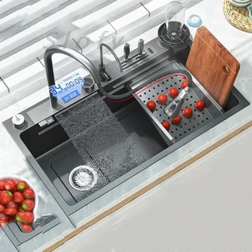 304 roestvrijstalen keukenspoelbakken Waterval Nano Enkele kom Groentebak Topmount Drop In Werkstationgootsteen met afvoerset