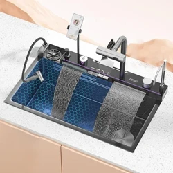 Roestvrijstalen keukenwatervalgootsteen Handwastafel Krasbestendig reliëf wastafel met enkele gleuf met smartphonehouder