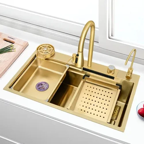 Oltin 304 zanglamaydigan po'latdan yasalgan oshxona sharsharali lavabo, kir yuvish havzasi, katta bitta uyali lavabo, idish-tovoq drenaji Gurme kran oshxona