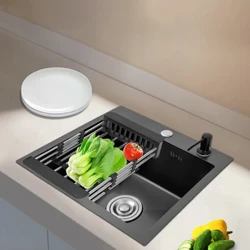 40*45 cm Kjøkkenvask Undermontert drop-in enkeltskål Innfelt kurv m/avløp og såpedispenser Rustfritt stål Svart