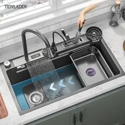 304 Stainless Steel Dapur Air Terjun Wastafel Tampilan Digital Besar Single Slot Wastafel Piring Wastafel dengan Multifungsi Sentuh Air Terjun
