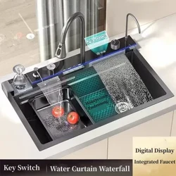 Lavello da cucina a cascata in acciaio inossidabile 304, grande slot singolo, display digitale integrato, rubinetto, set, dispenser di sapone, tazza, rondella