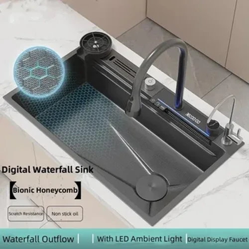 75cmx46cm 304 rustfrit stål stor enkelt spalte nano honeycomb digital display vandfald køkkenvask med knivholder