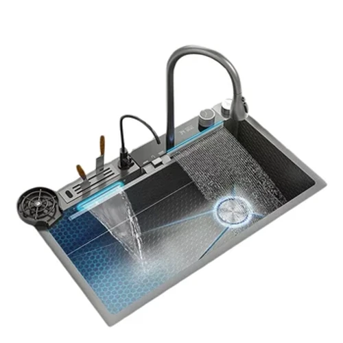 Waterval Aanrecht Digitale Display Keukenspoelbakken Met Enkele Kom Multifunctionele Moderne Slimme Spoelbakken Met Twee Watervallen