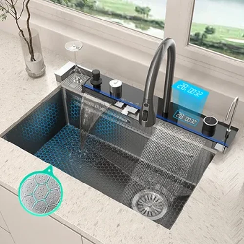 Stainless Steel Waterfall Kitchen Sink Besar Single Slot Terpadu Tampilan Digital Faucet Set Embossed Wash Basin