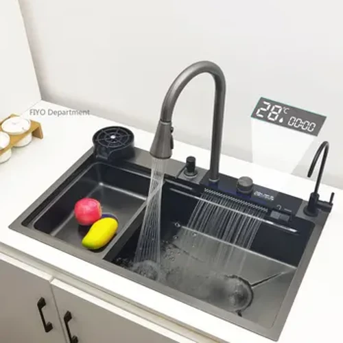 Waterfall Kitchen Sink 304 Stainless Steel Sink Malaking Single Basin na may Multifunctional LED Waterfall Faucet sa Itaas ng Counter