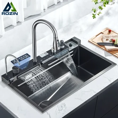 Stainless Steel Kitchen Sink na may Faucet Digital Display Malaking Single Bowl Waterfall Rain 5 Function System Dish Basin Sink