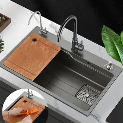 Chậu Rửa Rau Bồn Rửa Chén Màu Xám Nano SUS 304 Thép Không Gỉ Chậu Rửa Bát Hộ Gia Đình Lớn Đơn Khe Cắm Bồn Rửa
