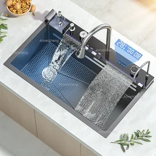 Stainless Steel Kitchen Sink na may Faucet Digital Display Malaking Single Bowl Waterfall Rain 5 Functions System Dish Basin Sink