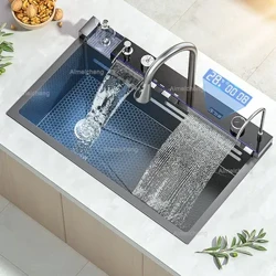 Évier de cuisine en acier inoxydable avec robinet, affichage numérique, grand bol simple, cascade de pluie, système à 5 fonctions, évier à vaisselle