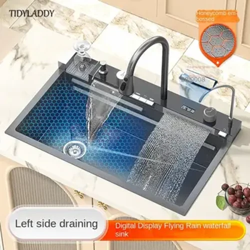 Lavello da cucina in acciaio inossidabile Doppia cascata Display digitale integrato Rubinetto Set Rondella per tazze Lavabo per verdure