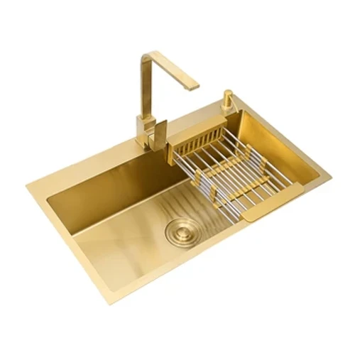 Sinc Cegin Aur Uwchben Cownter neu Undermount 304 Powlen Sengl Dur Di-staen Basged Draeniwr Sebon Dosbarthwr Sebon Basn Golchi