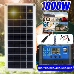 1000W Solpanel 12V Solcelle Med 60A Controller Solar Charge til Telefon RV Bil MP3 PAD Oplader Udendørs batteriforsyning