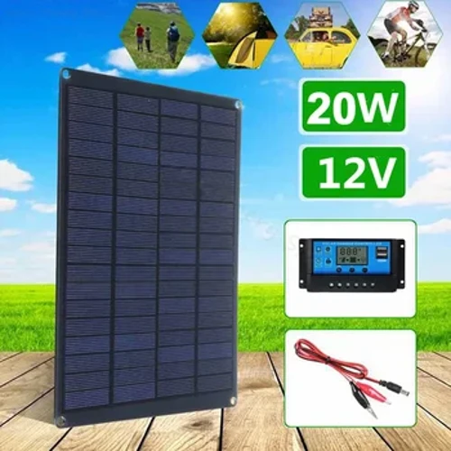 Panel Solar 20W gyda Chlip Batri a Rheolydd 20A 18V Celloedd Solar Monocrystalline Gwersylla Awyr Agored Heicio Gwefrydd Car Solar