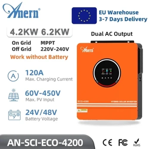 Hybridi aurinkoinvertteri 4200W 6200W 24V 48V puhdas siniaalto 230V 1.6KW 3KW 12V Off Grid Invertteri Sisäänrakennettu 120A MPPT aurinkolaturi