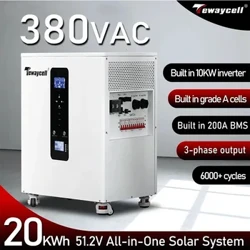 Трифазна 20KWh 15KWh AC380V Всичко в едно LiFePO4 батерия 51.2V Домашна слънчева система Вграден 10KW инвертор Мобилен ESS