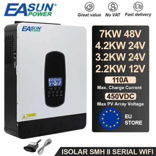 Easun power 7kw 4.2kw 3.2kw 2.2kw inversor solar híbrido 48v 24v 12v 230v com controlador de carga max 80a 110a mppt pv max 450vdc
