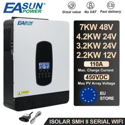 Easun power 7kw 4.2kw 3.2kw 2.2kw inversor solar híbrido 48v 24v 12v 230v com controlador de carga max 80a 110a mppt pv max 450vdc
